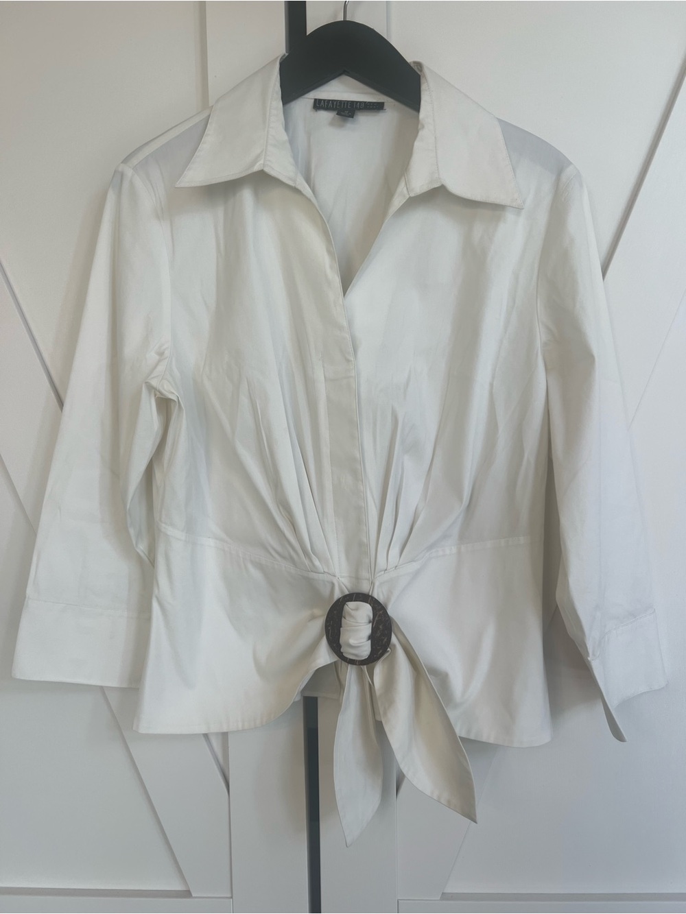 Lafayette 148 New York Cream Tie-Front Button Down Shirt with Buckle
